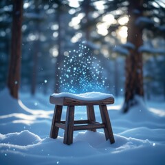 serene winter scene: wooden bench in snow with snowflakes