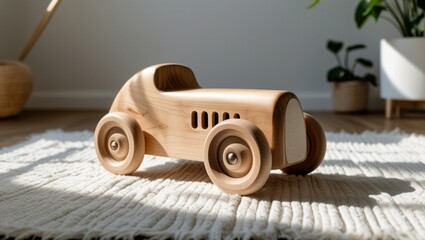 enchanting vintage wooden toy car on cozy rug in room