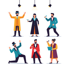Stage Performers and Hosts in Elegant Outfits – Presenter and Entertainment Illustration