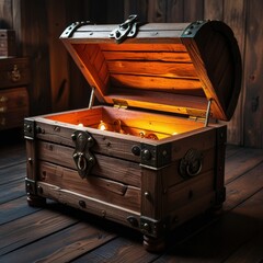 enchanting wooden chest with lit candle emitting warm glow