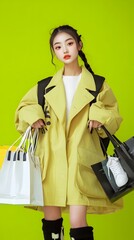 A young woman wearing a mustard-yellow coat and carrying many shopping bags.