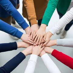 Collective commitment shown by diverse hands in unity huddle, teamwork for International Day for Countering Hate Speech, strong support