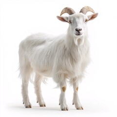 Obraz premium White Goat Portrait in Studio. Cute and Curious Livestock with Soft Fur and Strong Horns