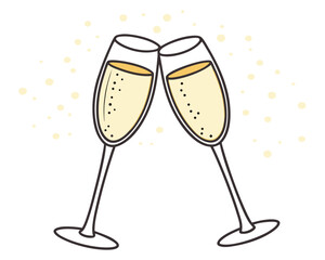 Two champagne flutes clinking together celebration illustration against white background with bubbles.