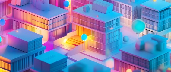 Abstract isometric city with vibrant buildings and glowing elements.