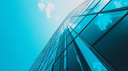 Low angle view of modern glass skyscraper against a bright blue sky.