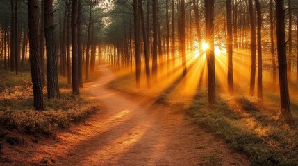 Fototapeta premium Sunbeams stream through a pine forest illuminating a winding path at sunrise.