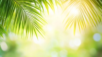 Obraz premium Lush green palm leaves backlit by bright sunlight, creating a vibrant, tropical background.