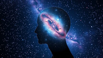 Human head emerged in space gazes upon the blue universe surrounded by stars and distant galaxies.