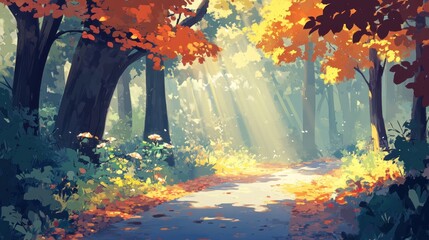 Fototapeta premium Autumn forest path, sunbeams
