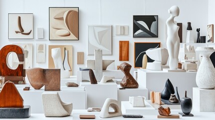 Modern art exhibit, various sculptures and paintings on tiered display stands
