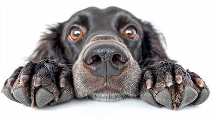 Close-up of a black dog's face and paws resting on a white background.