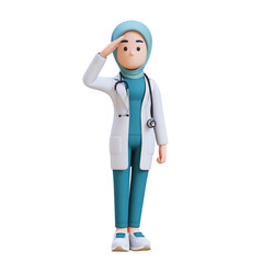 3D render muslim woman medical doctor character in a white lab coat is standing and saluting