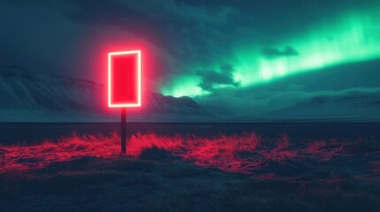 Neon red signpost in a winter landscape under a vibrant aurora borealis