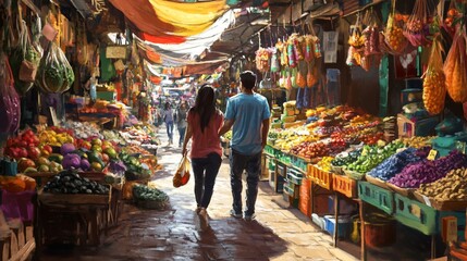 Obraz premium Couple holding hands strolling through vibrant, colorful marketplace filled with fresh produce, spices, and textiles.