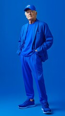 Man in a vibrant blue outfit against a solid blue backdrop.