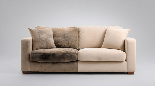 Split view of dirty sofa cushion vs clean one showing contrast and comfort in living room furniture