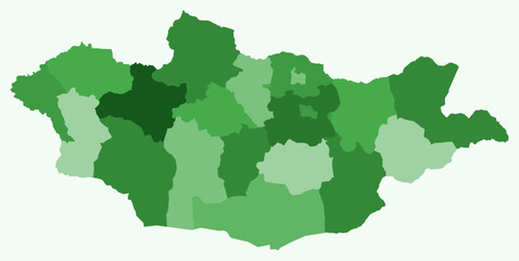Fototapeta premium Map of Mongolia with regions. Just a simple country border map with region division. Green color palette. Blank Mongolia shape with administrative division. Vector illustration.