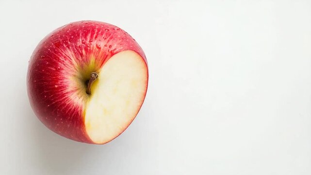 Freshly sliced red apple on a white surface, showcasing its juicy interior and vibrant color