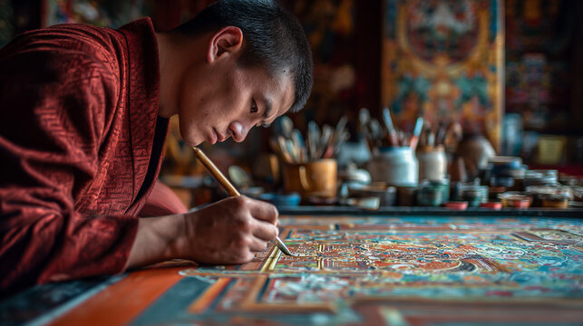 Traditional Tibetan Artist in Concentration: Skillful Hand Painting Reflects Time-Honored Craftsmanship and Sacred Spirituality