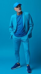 Stylish man in a monochromatic blue suit and cap.