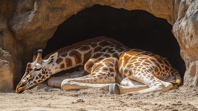A giraffe rests in the shade of a cave.