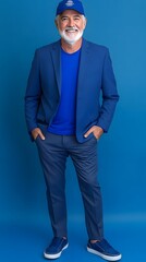 Man in a blue suit and cap, smiling.