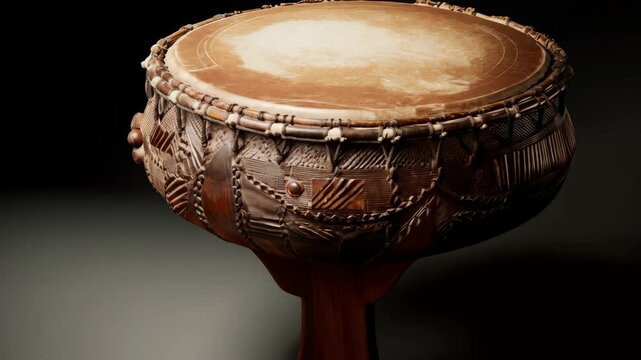 Close up detailed shot of an ethnic drum with stretched hide and carved wooden base for music creation and cultural heritage