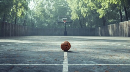 Empty basketball court with single ball