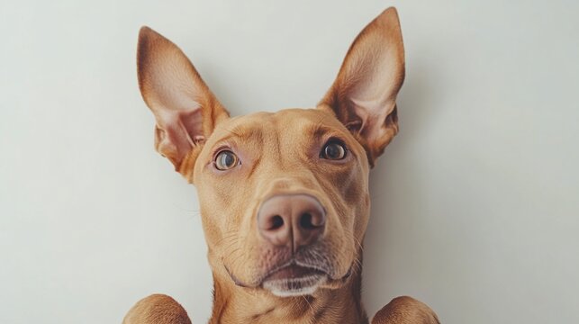Adorable brown dog lying on back, looking up with big ears.