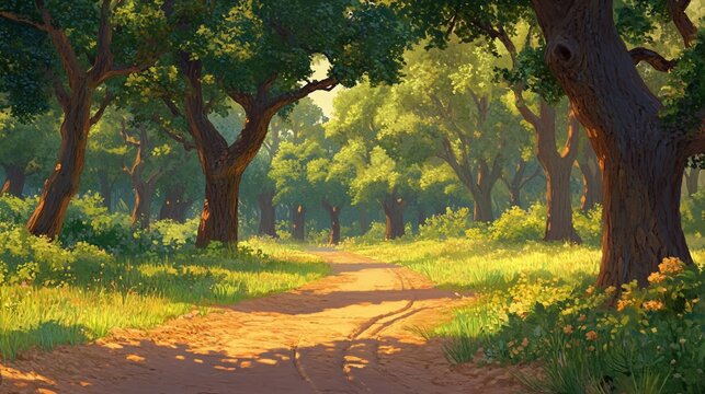 Sunlit path through lush green forest with large trees and wildflowers.