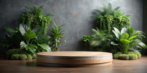 A rounded wooden podium with lush greenery, surrounded by earthy tones and natural textures on a grey background, greenery, sustainable products