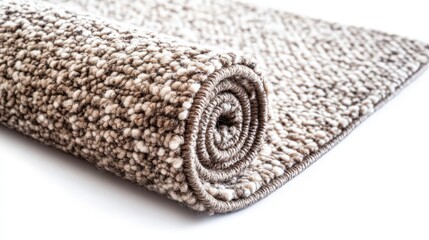 Beige-brown rolled carpet on an isolated white background displaying a luxurious texture