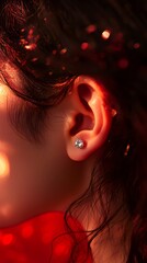 Close-up of a woman's ear with a diamond stud earring.