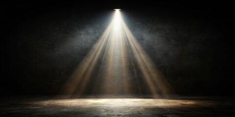 A dark environment with a spotlight casting an intense beam of light downwards on the subject, creating deep shadows and highlighting textures and details, shadow, dark