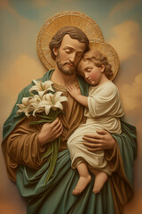 Saint joseph holding baby jesus and white lilies, bas-relief sculpture
