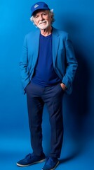 Man in a blue suit and hat against a blue background.