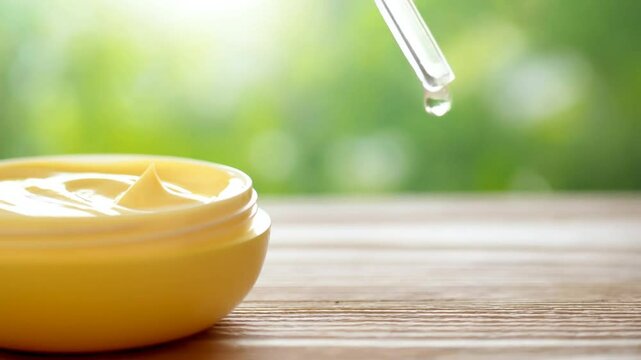 yellow moisturizer and serum combo on wooden surface with green background in slow motion