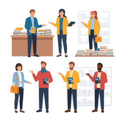 Obraz premium People Discussing and Reading in the Library – Book Club and Study Group Illustratio