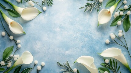 White calla lilies and greenery frame on a light blue background.