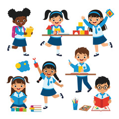 Happy School Children Learning and Playing