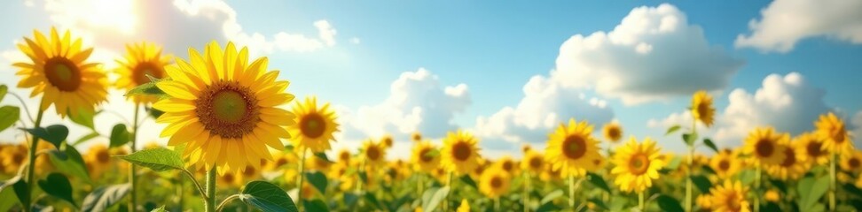 Fototapeta premium Tall sunflowers sway gently in a summer breeze, picturesque setting, rural, stems