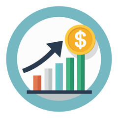 An icon depicting business growth, featuring a bar chart with an upward arrow and a dollar coin on the tallest bar, all enclosed within a blue circle.