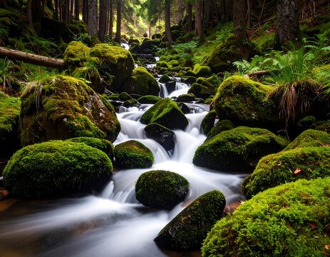 Forest stream cascading over mossy rocks