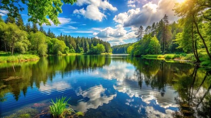 Fototapeta premium Forest Lake on a Sunny Summer Day, aquatic life, sunny day, aquatic life, sunny day, green trees