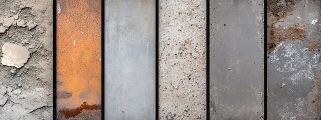 Six vertical textured samples of weathered surfaces cracked earth, rusted metal, concrete, sand, asphalt, and muddy ground.