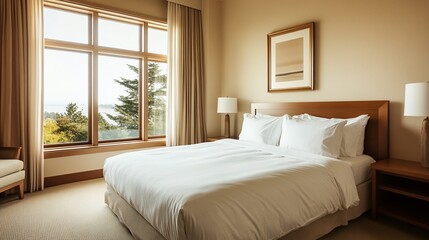 Luxurious bedroom with large window overlooking scenic landscape, featuring a king-size bed, nightstands, and elegant decor.