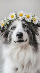 Close-up portrait of a dog wearing a flower crown.