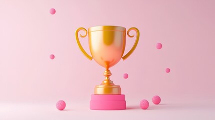 Celebration with golden trophy cup and pink balls on pastel backdrop