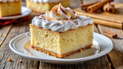 Moist vanilla sponge cake soaked in a rich mixture of evaporated milk, condensed milk, and heavy cream, topped with whipped cream and a sprinkle of cinnamon , dessert plate, tres leches cake